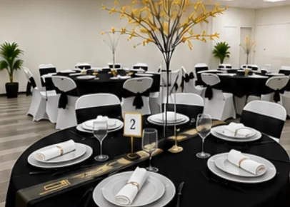 Banquet setup with round tables and gold centerpieces