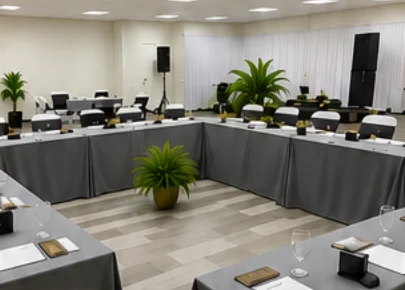 U-shaped conference tables with gray linens and notepads at Grace Center